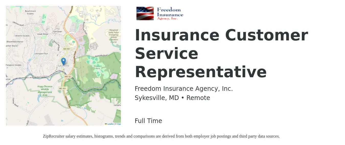 Freedom Insurance Agency, Inc. job posting for a Insurance Customer Service Representative in Sykesville, MD with a salary of $39,500 to $54,400 Yearly with a map of Sykesville location.