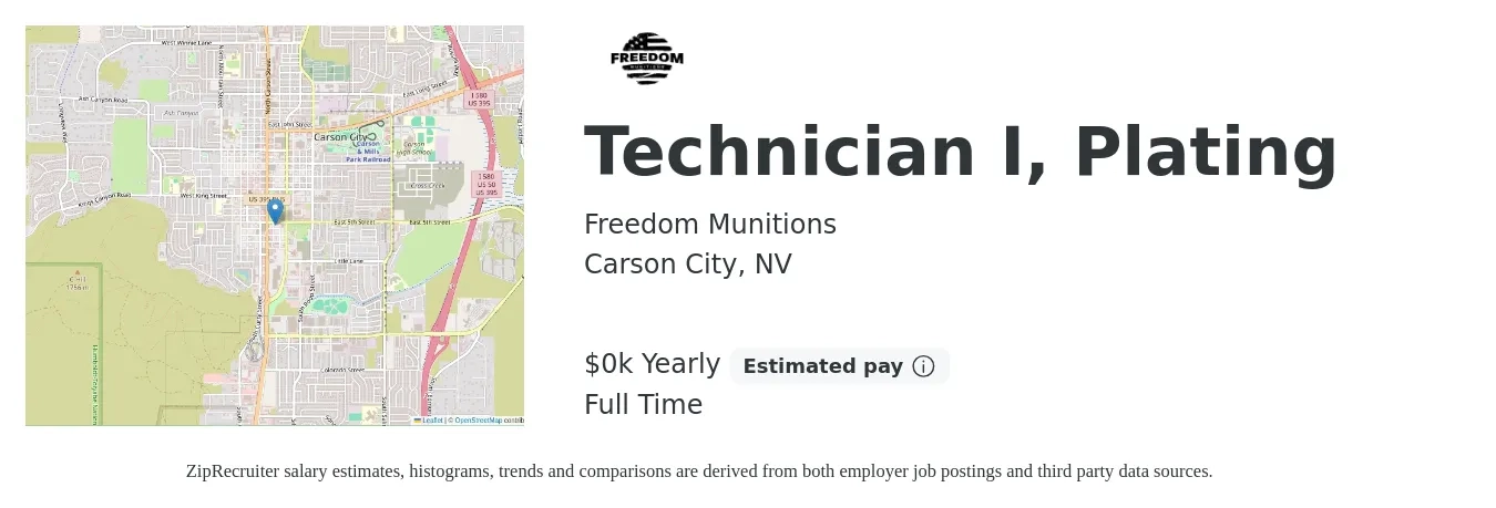 Freedom Munitions job posting for a Technician I, Plating in Carson City, NV with a salary of $17 to $18 Yearly with a map of Carson City location.