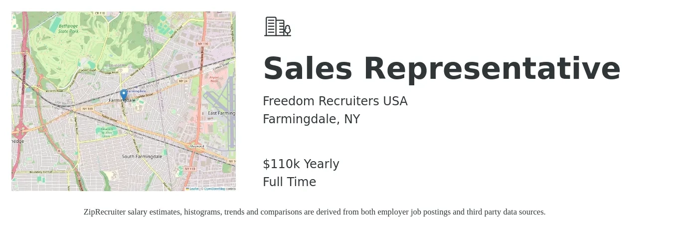 Freedom Recruiters USA job posting for a Sales Representative in Farmingdale, NY with a salary of $110,000 Yearly with a map of Farmingdale location.