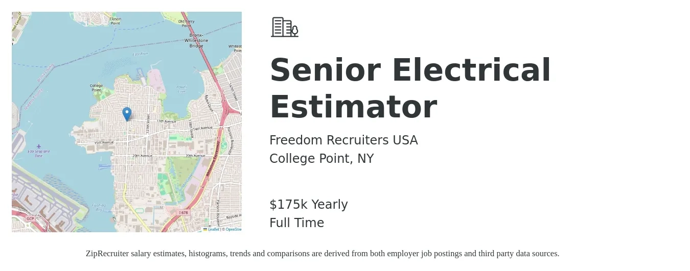 Freedom Recruiters USA job posting for a Senior Electrical Estimator in College Point, NY with a salary of $175,000 Yearly with a map of College Point location.