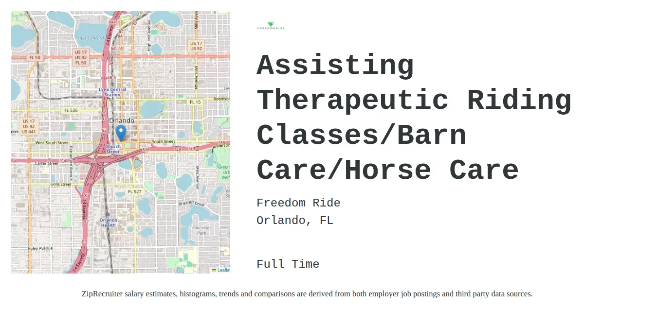 Freedom Ride job posting for a Assisting Therapeutic Riding Classes/Barn Care/Horse Care in Orlando, FL with a salary of $16 to $21 Hourly with a map of Orlando location.