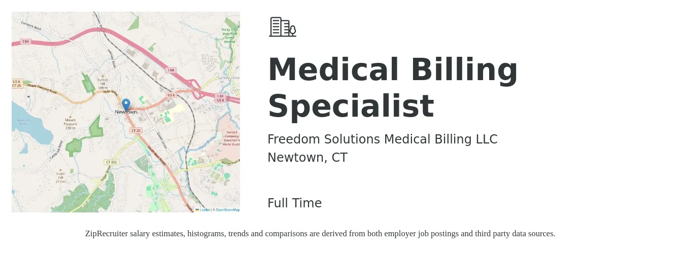 Freedom Solutions Medical Billing LLC job posting for a Medical Billing Specialist in Newtown, CT with a salary of $19 to $24 Hourly and benefits including pto with a map of Newtown location.