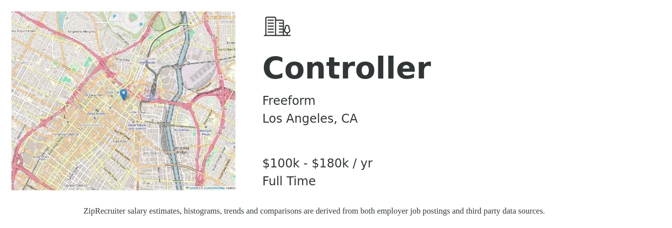 Freeform job posting for a Controller in Los Angeles, CA with a salary of $100,000 to $180,000 Yearly with a map of Los Angeles location.