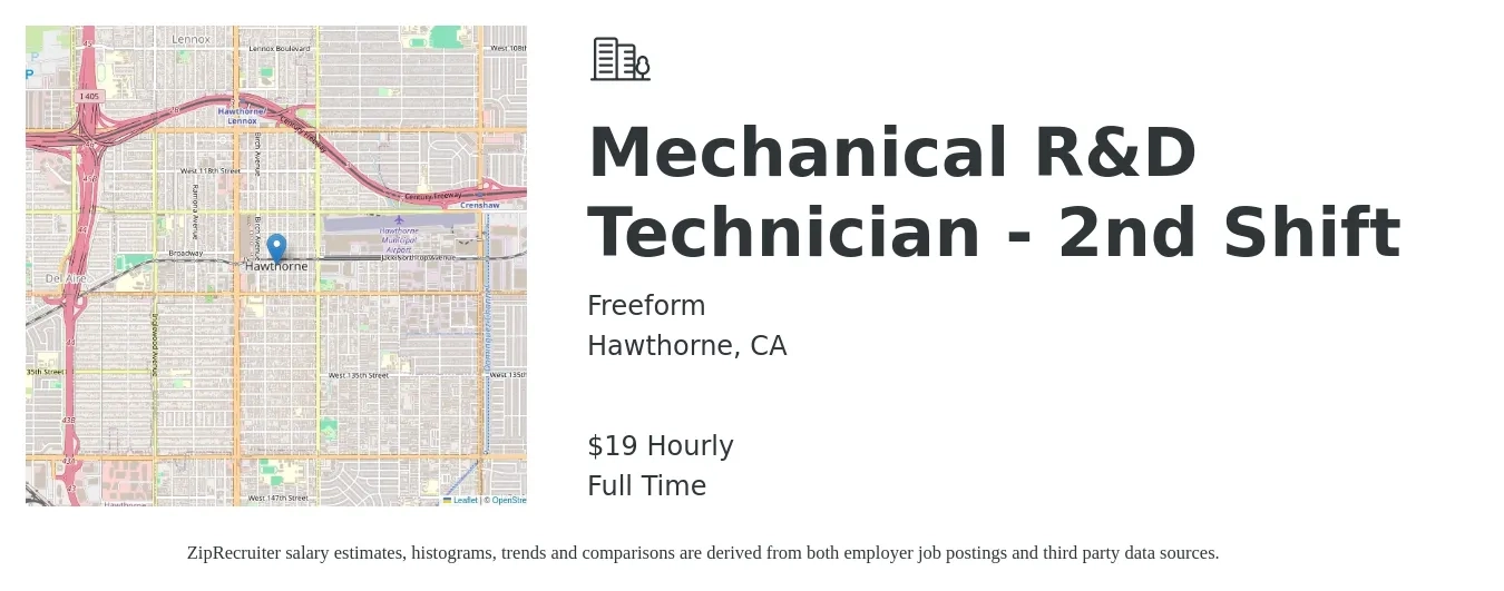 Freeform job posting for a Mechanical R&D Technician - 2nd Shift in Hawthorne, CA with a salary of $20 Hourly with a map of Hawthorne location.