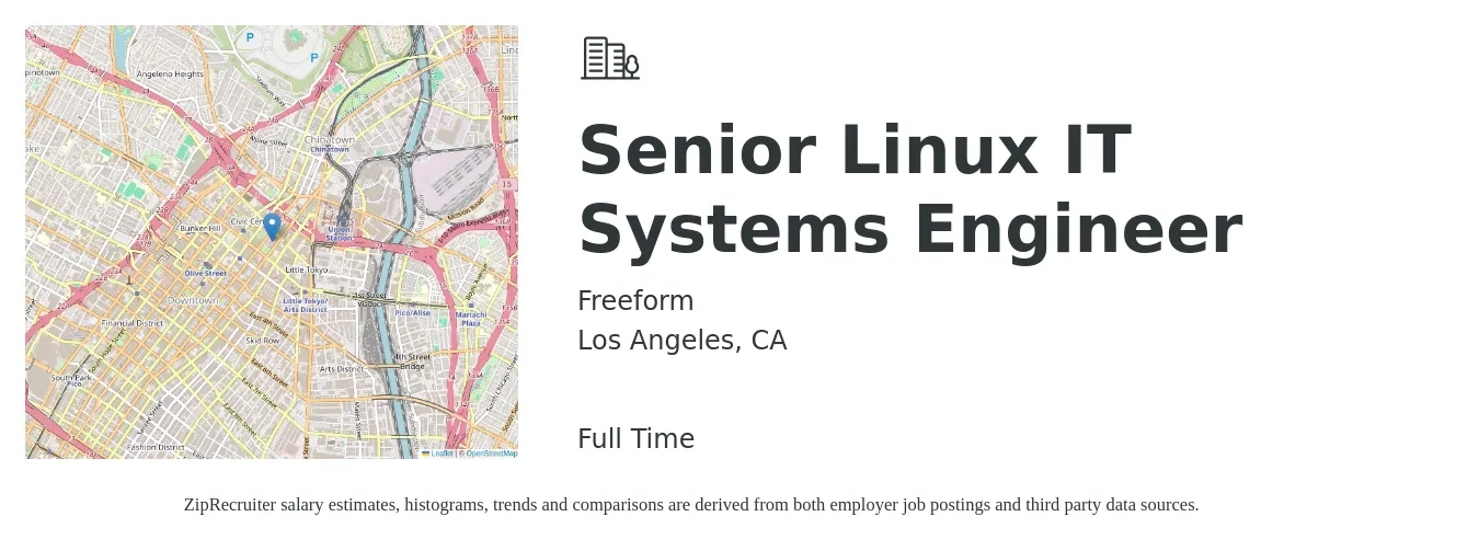 Freeform job posting for a Senior Linux IT Systems Engineer in Los Angeles, CA with a salary of $127,100 to $148,700 Yearly with a map of Los Angeles location.