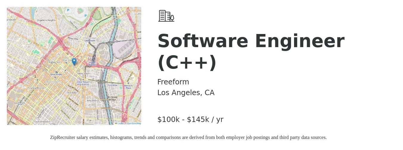 Freeform job posting for a Software Engineer (C++) in Los Angeles, CA with a salary of $100,000 to $145,000 Yearly with a map of Los Angeles location.