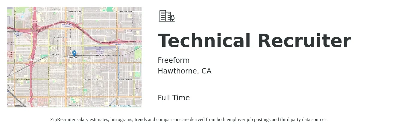 Freeform job posting for a Technical Recruiter in Hawthorne, CA with a salary of $51,300 to $85,900 Yearly with a map of Hawthorne location.