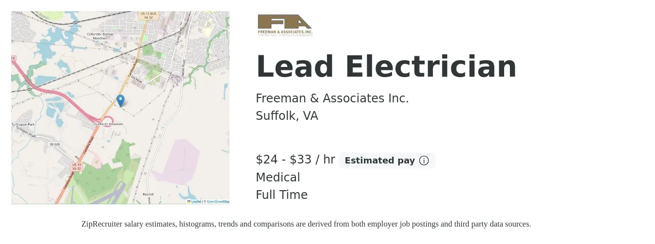 Freeman & Associates Inc. job posting for a Lead Electrician in Suffolk, VA with a salary of $25 to $35 Hourly and benefits including pto, and medical with a map of Suffolk location.