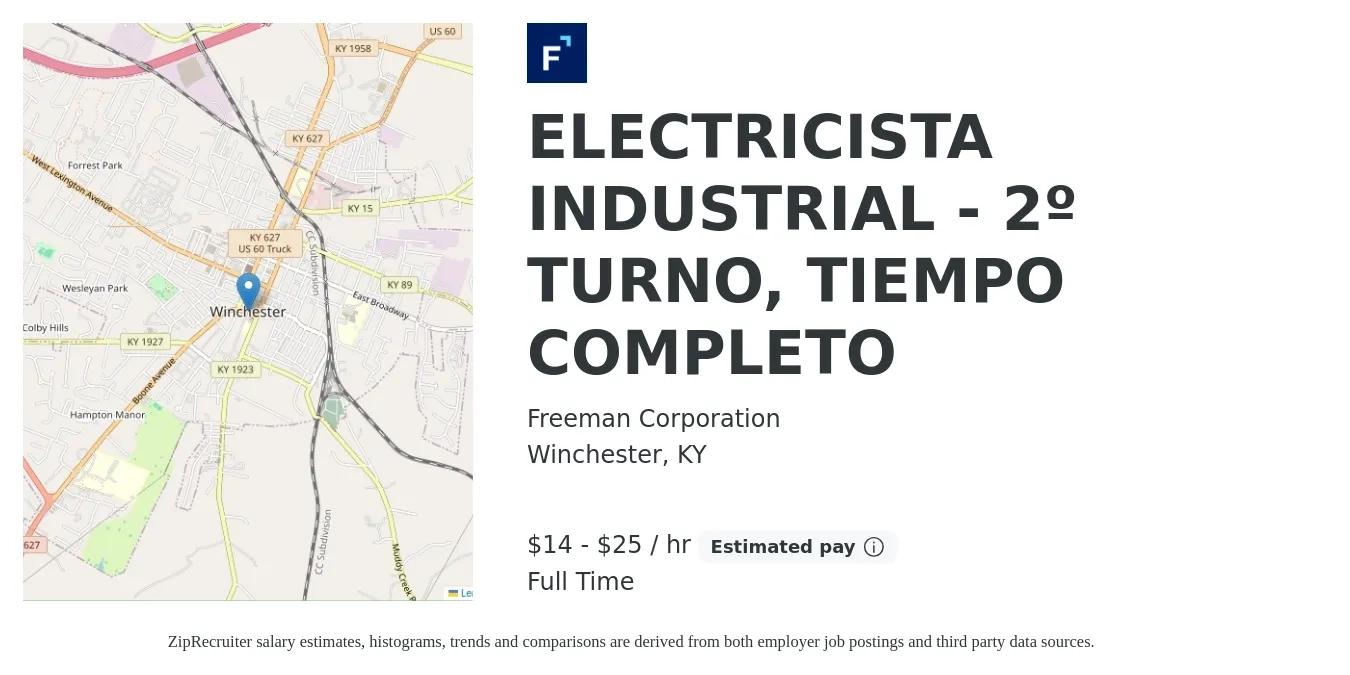 Freeman Corporation job posting for a ELECTRICISTA INDUSTRIAL - 2º TURNO, TIEMPO COMPLETO in Winchester, KY with a salary of $15 to $26 Hourly with a map of Winchester location.