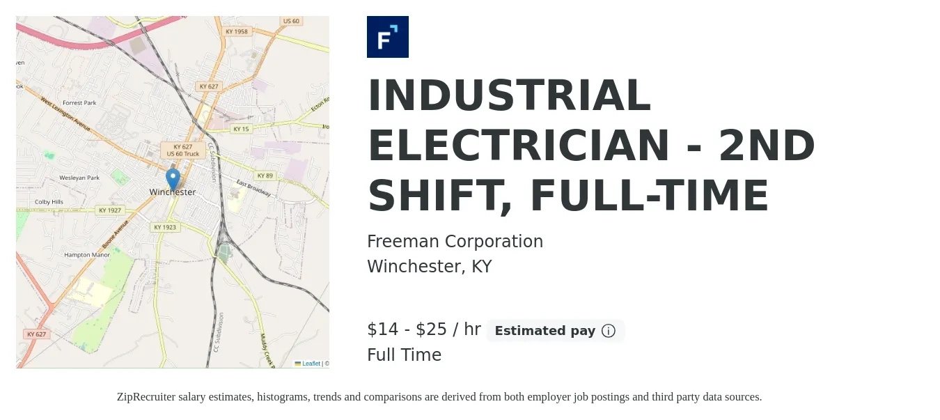 Freeman Corporation job posting for a INDUSTRIAL ELECTRICIAN - 2ND SHIFT, FULL-TIME in Winchester, KY with a salary of $15 to $26 Hourly with a map of Winchester location.