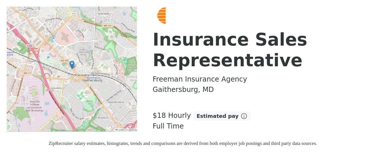 Freeman Insurance Agency job posting for a Insurance Sales Representative in Gaithersburg, MD with a salary of $19 Hourly with a map of Gaithersburg location.