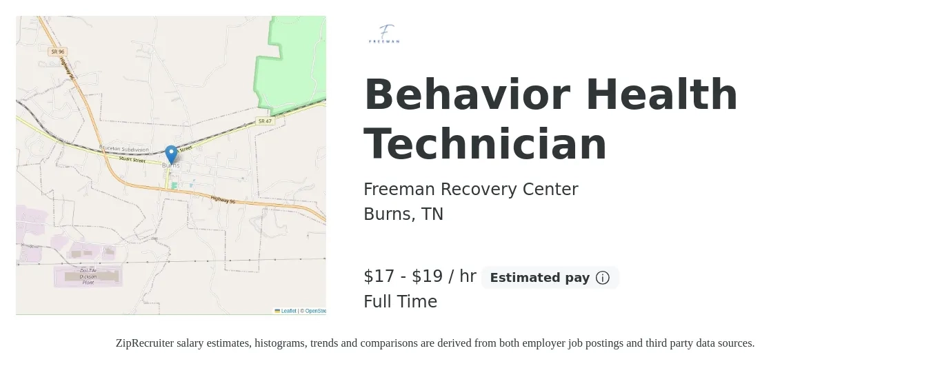 Freeman Recovery Center job posting for a Behavior Health Technician in Burns, TN with a salary of $18 to $20 Hourly with a map of Burns location.