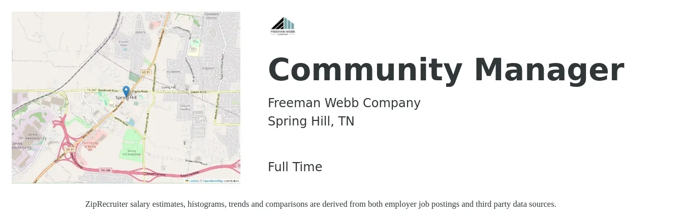 Freeman Webb Company job posting for a Community Manager in Spring Hill, TN with a salary of $44,200 to $63,000 Yearly with a map of Spring Hill location.