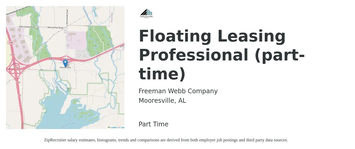 Freeman Webb Company job posting for a Floating Leasing Professional (part-time) in Mooresville, AL with a salary of $16 to $18 Hourly with a map of Mooresville location.