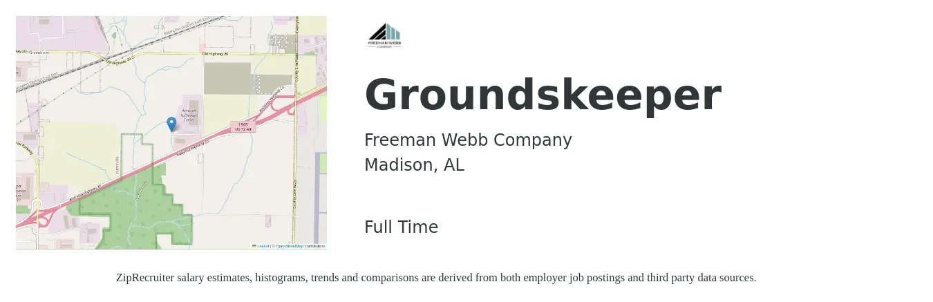Freeman Webb Company job posting for a Groundskeeper in Madison, AL with a salary of $14 to $18 Hourly with a map of Madison location.
