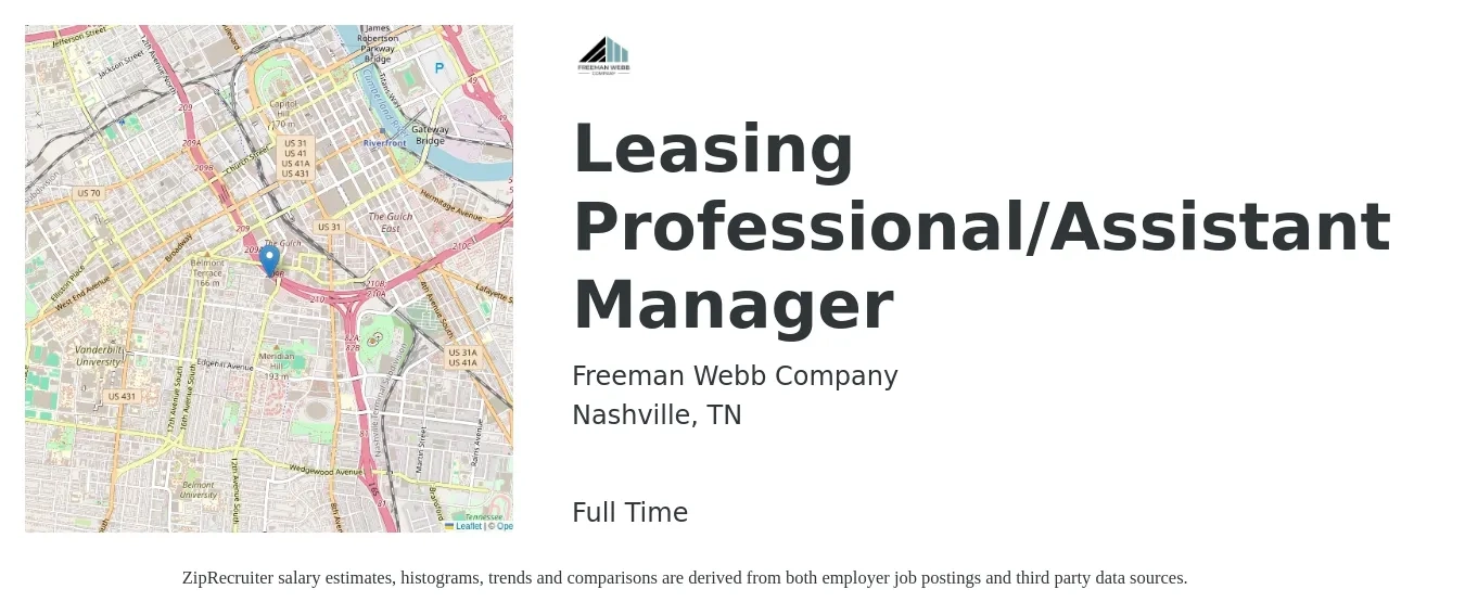 Freeman Webb Company job posting for a Leasing Professional/Assistant Manager in Nashville, TN with a salary of $16 to $22 Hourly with a map of Nashville location.