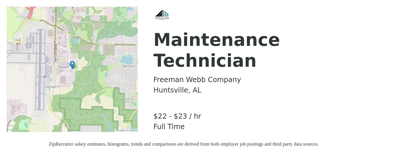 Freeman Webb Company job posting for a Maintenance Technician in Huntsville, AL with a salary of $23 to $24 Hourly with a map of Huntsville location.