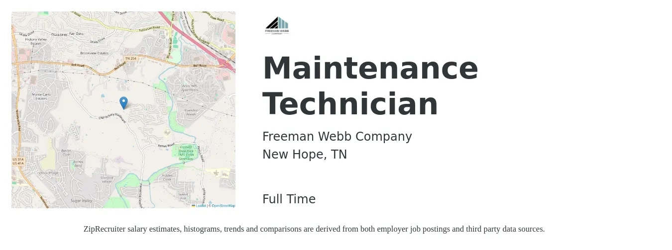 Freeman Webb Company job posting for a Maintenance Technician in New Hope, TN with a salary of $18 to $26 Hourly with a map of New Hope location.