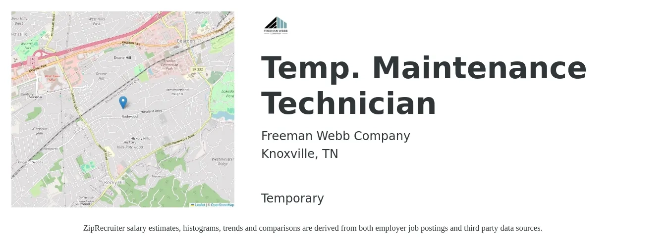 Freeman Webb Company job posting for a Temp. Maintenance Technician in Knoxville, TN with a salary of $18 to $26 Hourly with a map of Knoxville location.