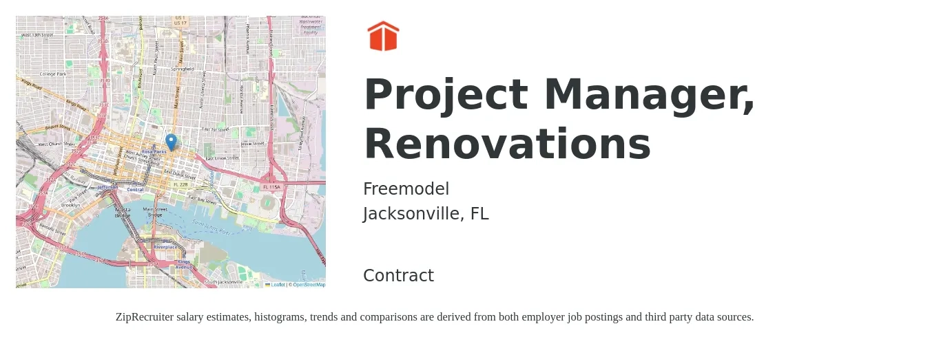 Freemodel job posting for a Project Manager, Renovations in Jacksonville, FL with a salary of $69,600 to $110,400 Yearly with a map of Jacksonville location.