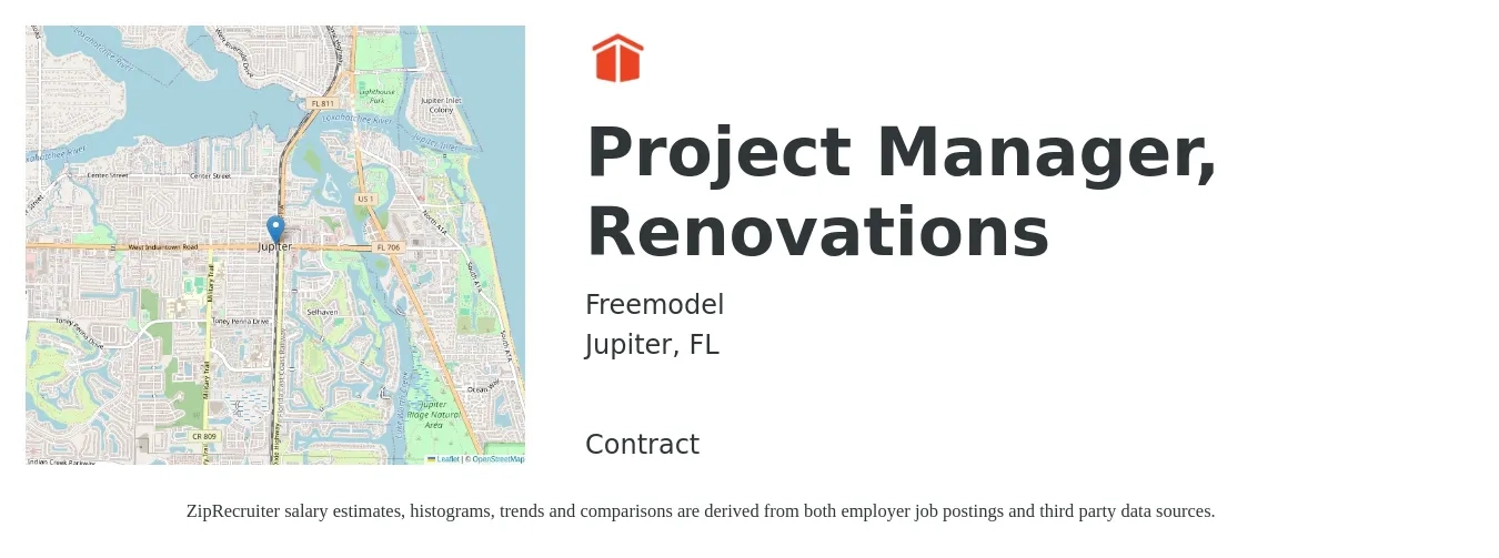 Freemodel job posting for a Project Manager, Renovations in Jupiter, FL with a salary of $73,300 to $116,400 Yearly with a map of Jupiter location.