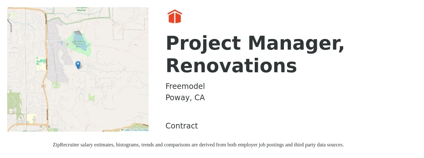 Freemodel job posting for a Project Manager, Renovations in Poway, CA with a salary of $77,000 to $122,100 Yearly with a map of Poway location.