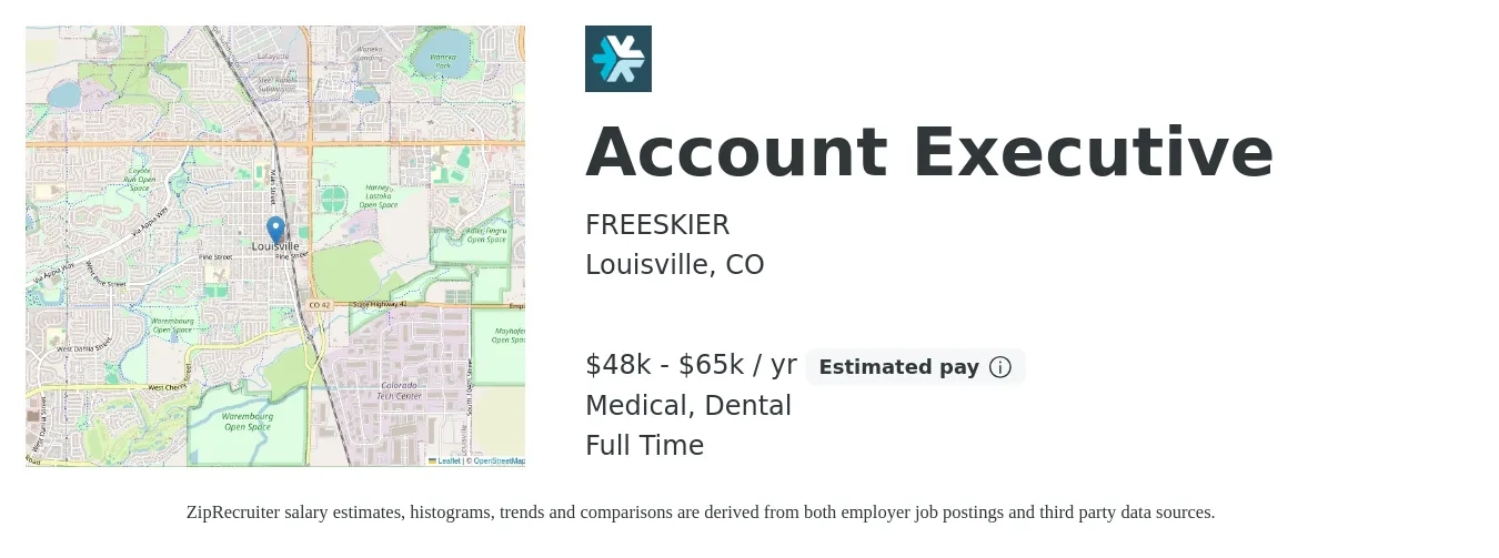 FREESKIER job posting for a Account Executive in Louisville, CO with a salary of $48,000 to $65,000 Yearly and benefits including medical, pto, and dental with a map of Louisville location.
