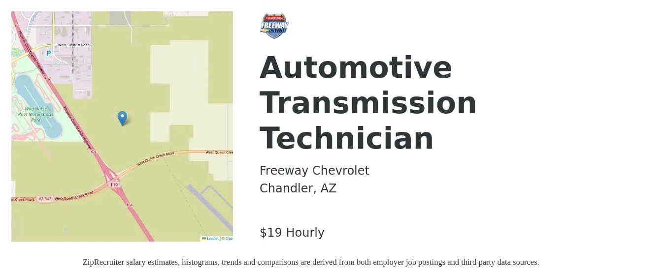 Freeway Chevrolet job posting for a Automotive Transmission Technician in Chandler, AZ with a salary of $20 Hourly with a map of Chandler location.