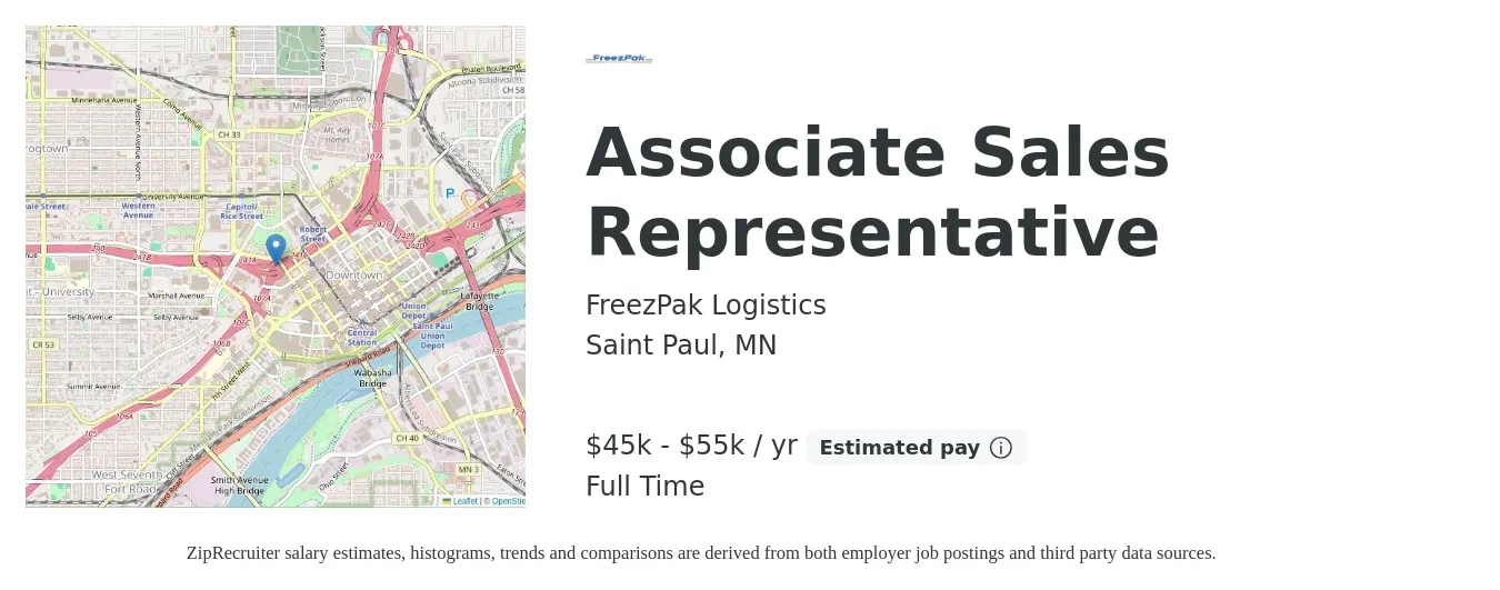 FreezPak Logistics job posting for a Associate Sales Representative in Saint Paul, MN with a salary of $45,000 to $55,000 Yearly with a map of Saint Paul location.