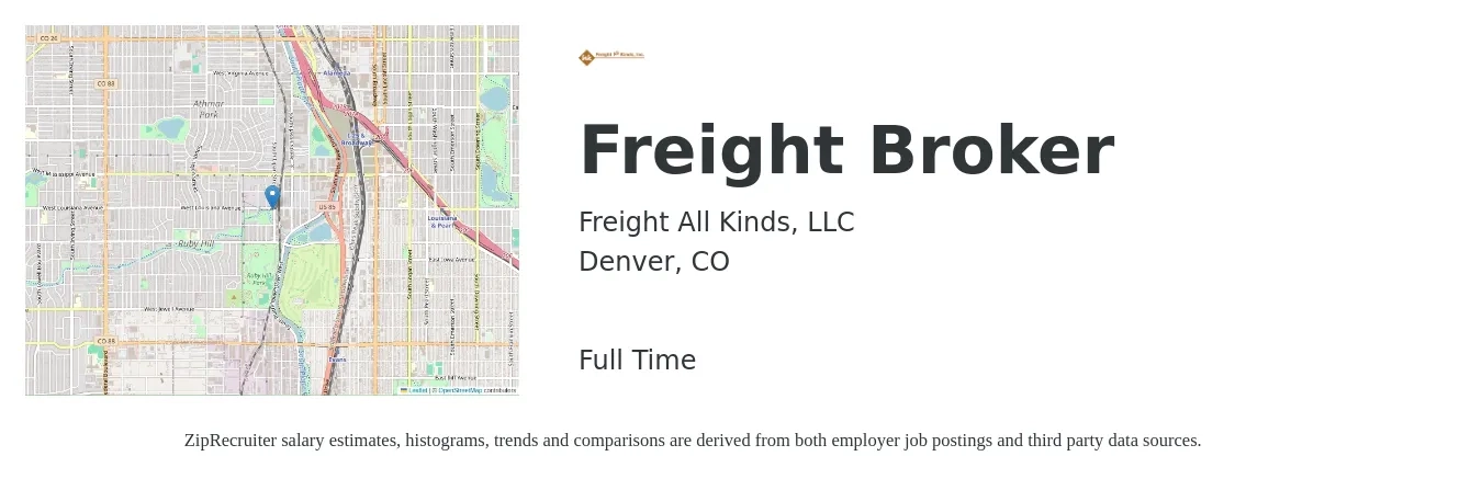 Freight All Kinds, LLC job posting for a Freight Broker in Denver, CO with a salary of $45,000 Monthly with a map of Denver location.