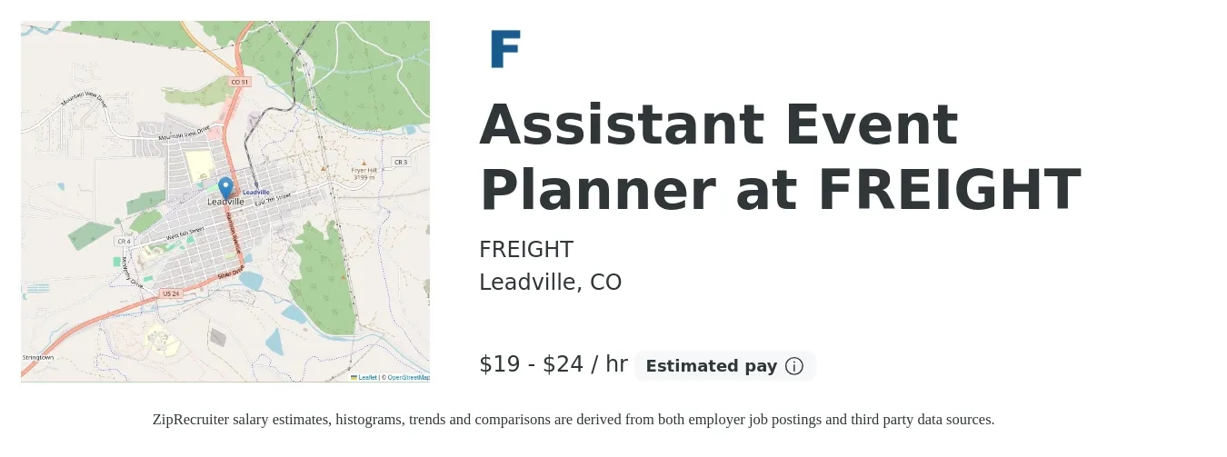 FREIGHT job posting for a Assistant Event Planner at FREIGHT in Leadville, CO with a salary of $20 to $25 Hourly with a map of Leadville location.