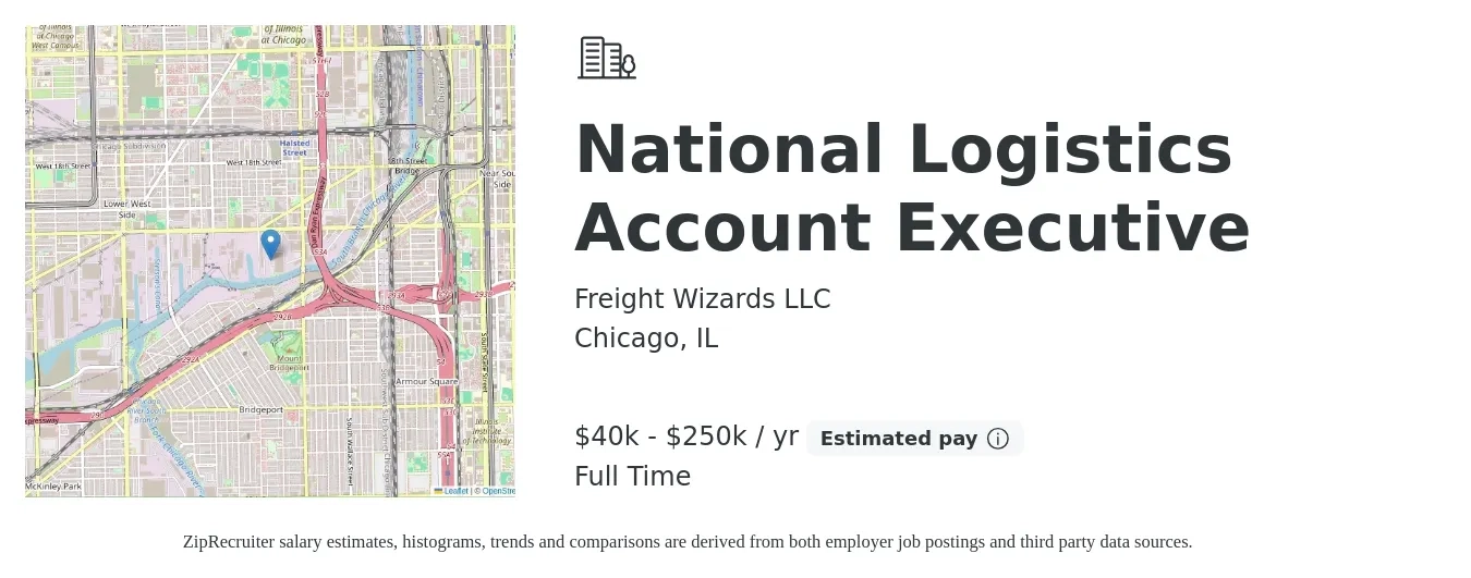 Freight Wizards LLC job posting for a National Logistics Account Executive in Chicago, IL with a salary of $40,000 to $100,000 Yearly with a map of Chicago location.