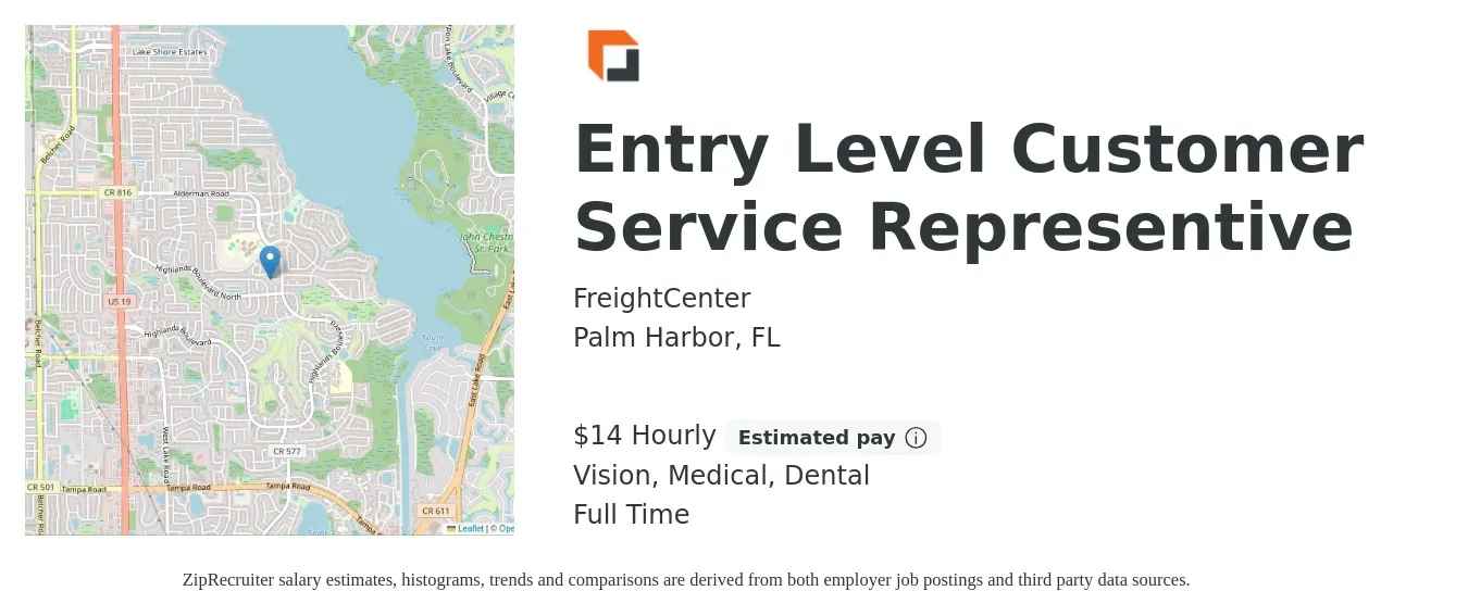 FreightCenter job posting for a Entry Level Customer Service Representive in Palm Harbor, FL with a salary of $15 to $16 Hourly and benefits including medical, pto, retirement, vision, dental, and life_insurance with a map of Palm Harbor location.