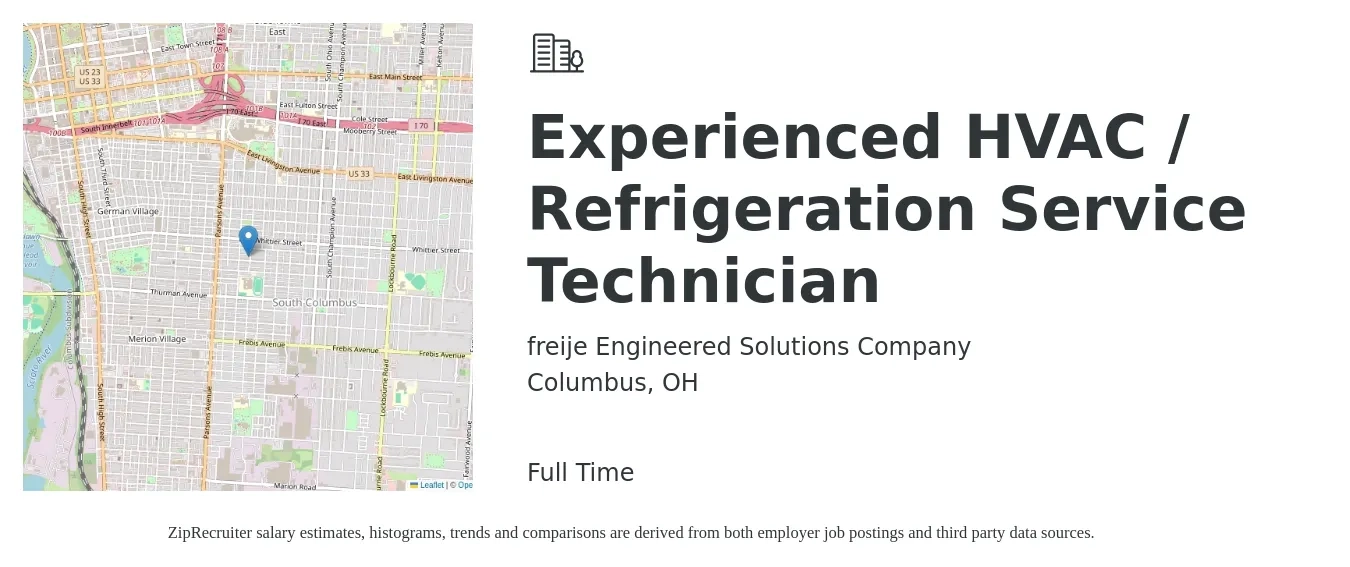 freije Engineered Solutions Company job posting for a Experienced HVAC / Refrigeration Service Technician in Columbus, OH with a salary of $24 to $34 Hourly with a map of Columbus location.