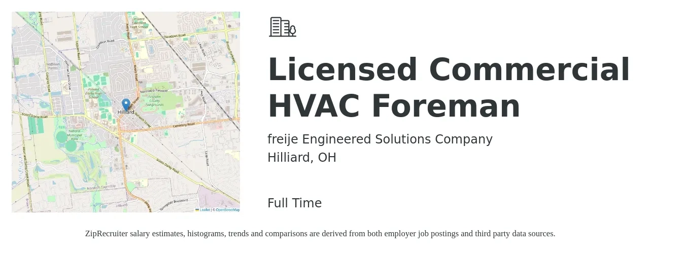 freije Engineered Solutions Company job posting for a Licensed Commercial HVAC Foreman in Hilliard, OH with a salary of $54,800 to $82,700 Yearly with a map of Hilliard location.
