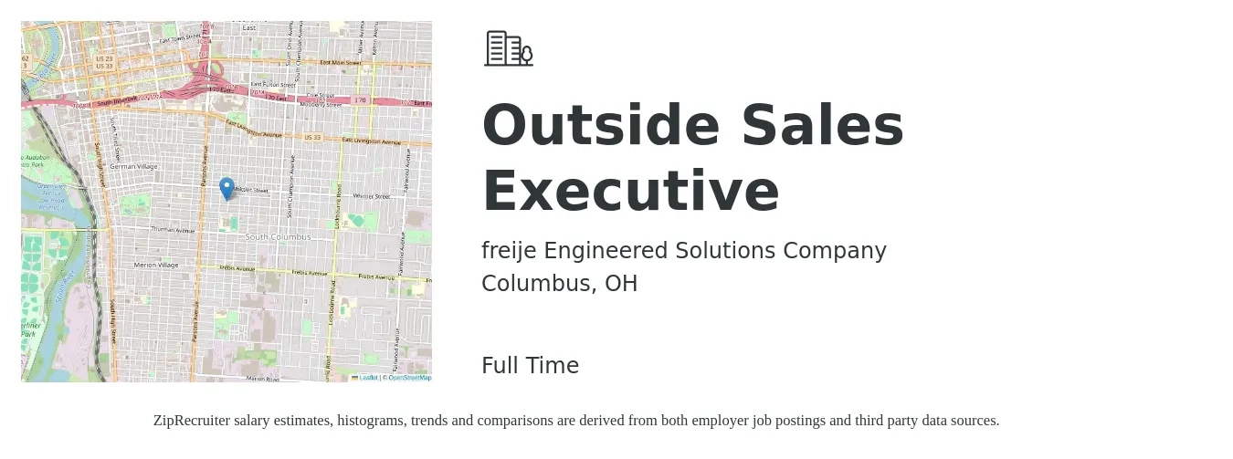 freije Engineered Solutions Company job posting for a Outside Sales Executive in Columbus, OH with a salary of $54,600 to $79,200 Yearly with a map of Columbus location.