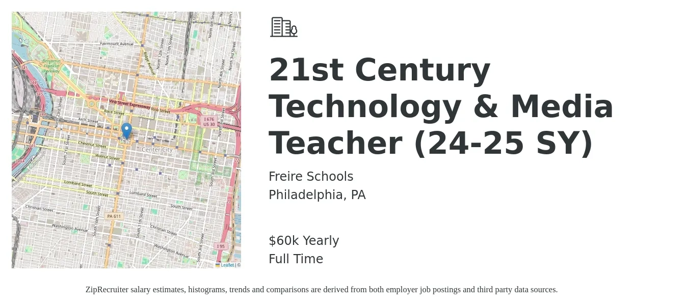 Freire Schools job posting for a 21st Century Technology & Media Teacher (24-25 SY) in Philadelphia, PA with a salary of $60,000 Yearly with a map of Philadelphia location.