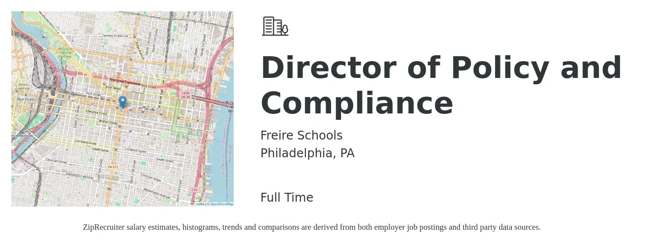 Freire Schools job posting for a Director of Policy and Compliance in Philadelphia, PA with a salary of $100,900 to $146,300 Yearly with a map of Philadelphia location.