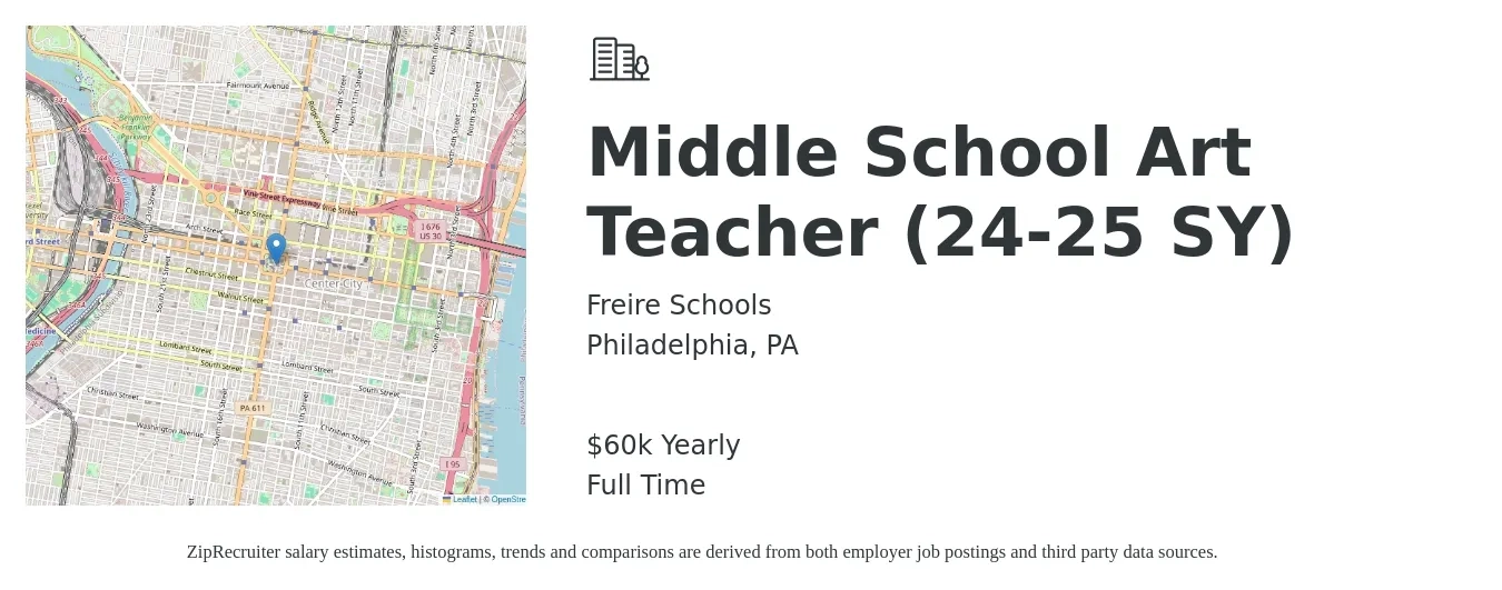 Freire Schools job posting for a Middle School Art Teacher (24-25 SY) in Philadelphia, PA with a salary of $60,000 Yearly with a map of Philadelphia location.