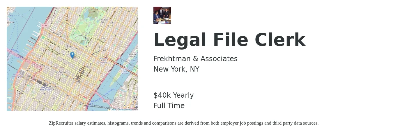 Frekhtman & Associates job posting for a Legal File Clerk in New York, NY with a salary of $40,000 Yearly with a map of New York location.