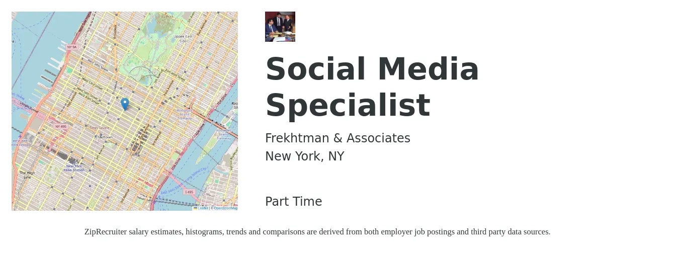 Frekhtman & Associates job posting for a Social Media Specialist in New York, NY with a salary of $45,000 to $65,000 Monthly with a map of New York location.