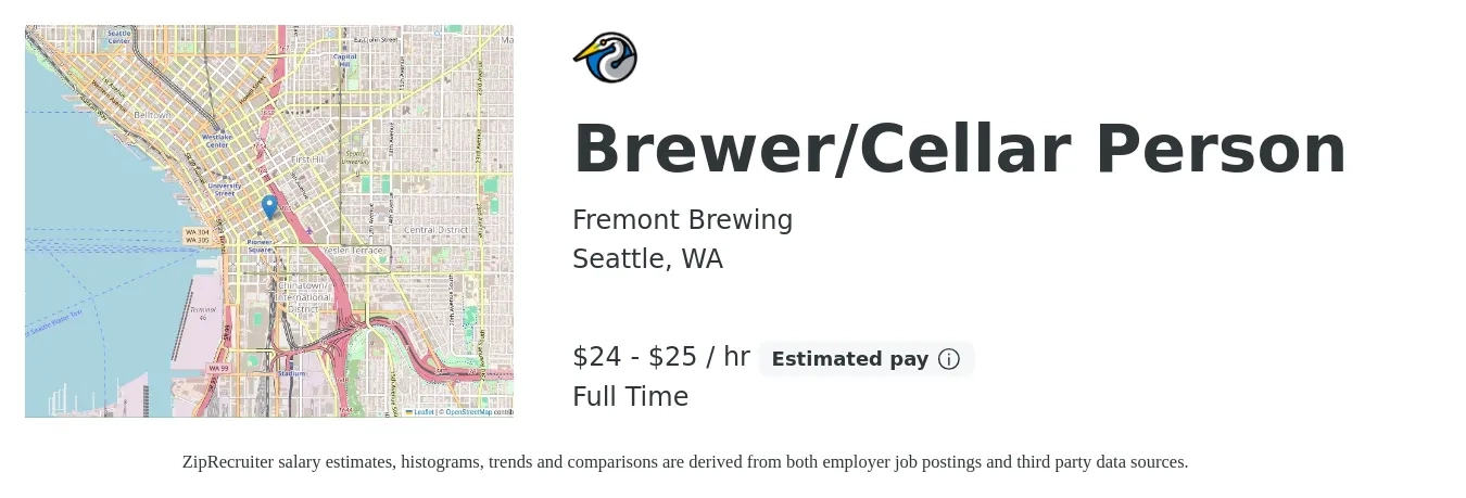 Fremont Brewing job posting for a Brewer/Cellar Person in Seattle, WA with a salary of $25 to $27 Hourly with a map of Seattle location.