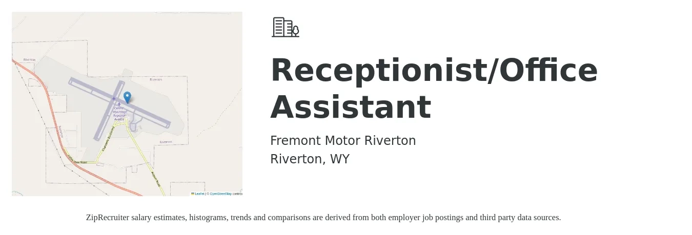 Fremont Motor Riverton job posting for a Receptionist/Office Assistant in Riverton, WY with a salary of $16 to $21 Hourly with a map of Riverton location.