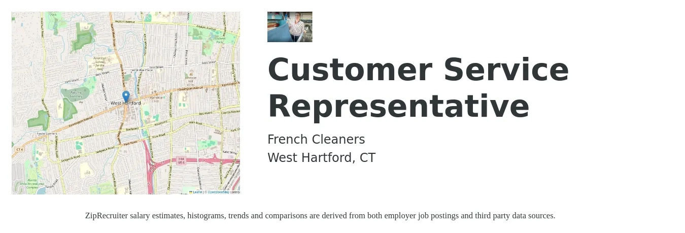 French Cleaners job posting for a Customer Service Representative in West Hartford, CT with a salary of $16 to $22 Hourly with a map of West Hartford location.