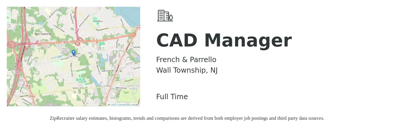 French & Parrello job posting for a CAD Manager in Wall Township, NJ with a salary of $71,800 to $112,000 Yearly with a map of Wall Township location.