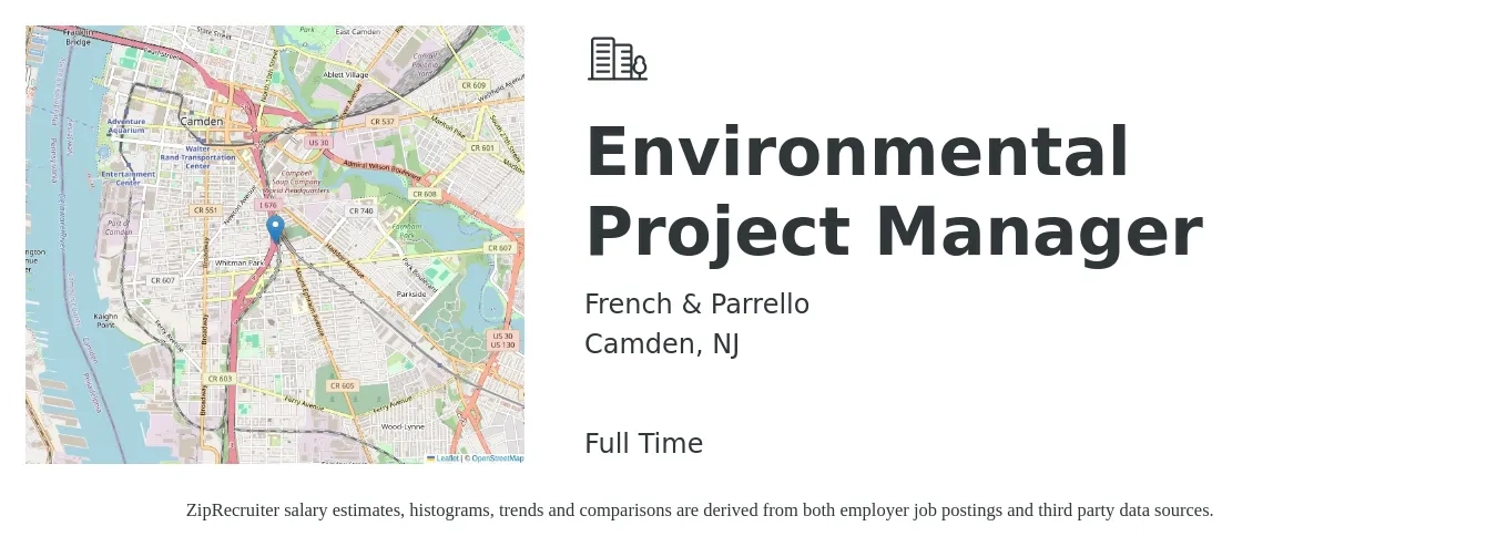 French & Parrello job posting for a Environmental Project Manager in Camden, NJ with a salary of $69,900 to $101,600 Yearly with a map of Camden location.