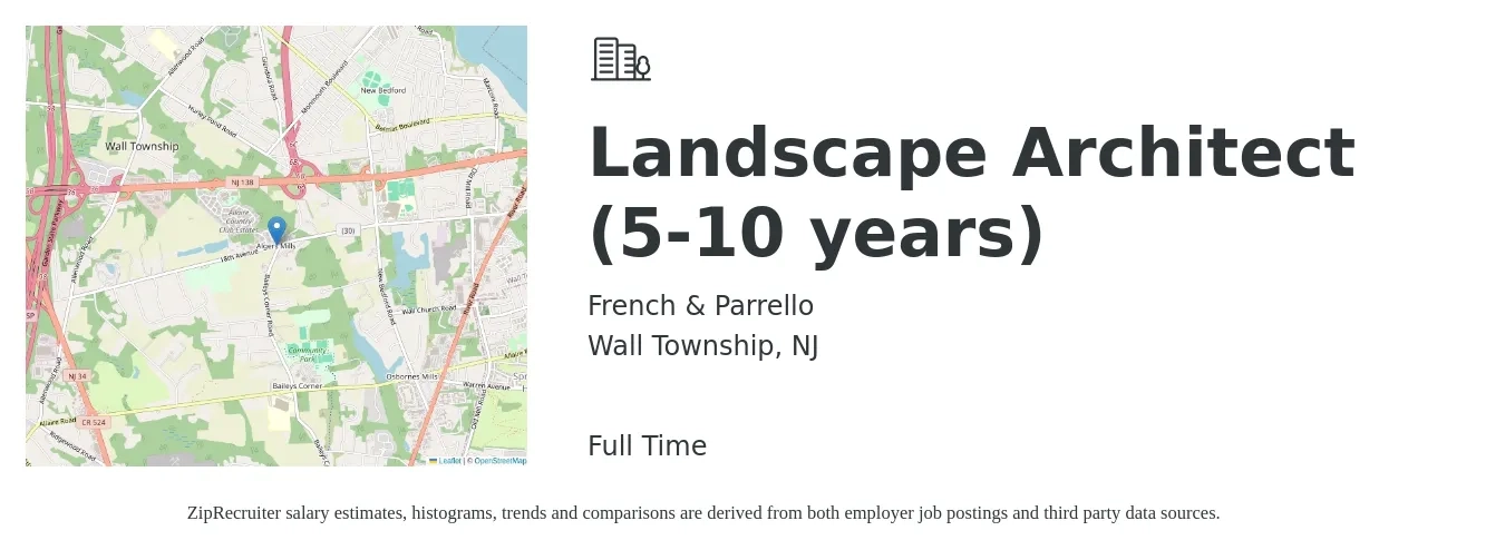 French & Parrello job posting for a Landscape Architect (5-10 years) in Wall Township, NJ with a salary of $71,200 to $98,100 Yearly with a map of Wall Township location.