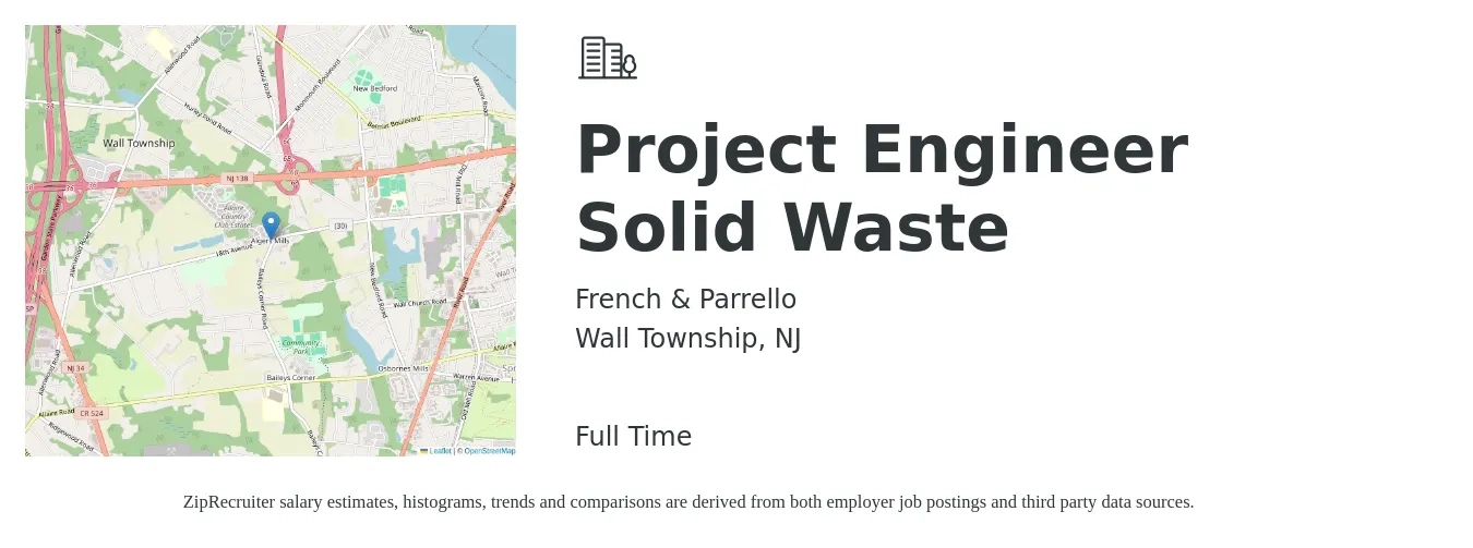 French & Parrello job posting for a Project Engineer Solid Waste in Wall Township, NJ with a salary of $76,400 to $106,900 Yearly with a map of Wall Township location.