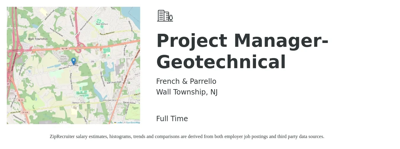 French & Parrello job posting for a Project Manager- Geotechnical in Wall Township, NJ with a salary of $83,600 to $134,700 Yearly with a map of Wall Township location.