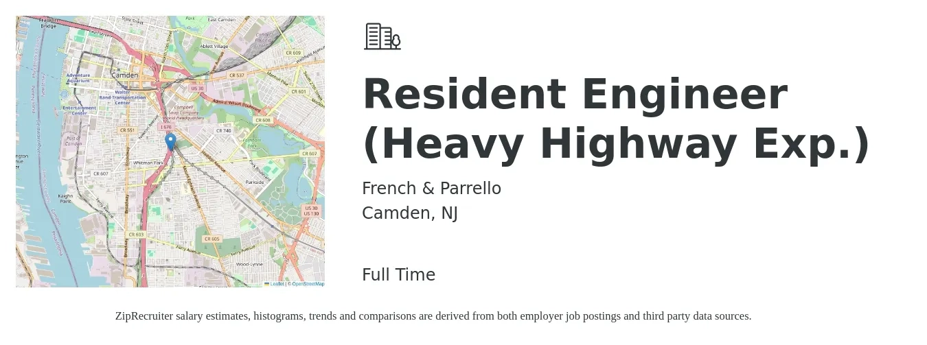 French & Parrello job posting for a Resident Engineer (Heavy Highway Exp.) in Camden, NJ with a salary of $99,600 to $127,200 Yearly with a map of Camden location.